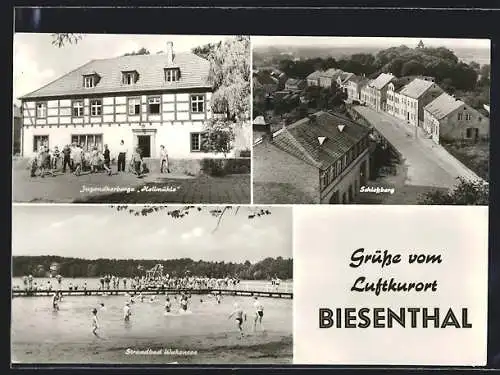 AK Biesenthal / Barnim, Jugendherberge Hallmühle, Schlossberg und Strandbad Wukensee