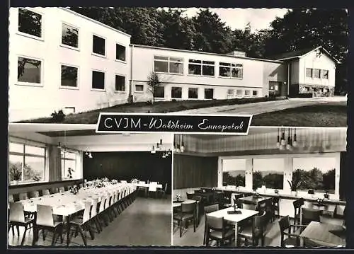 AK Ennepetal, CVJM-Jugend-Ferienheim, Aussenansicht u. Speisesaal