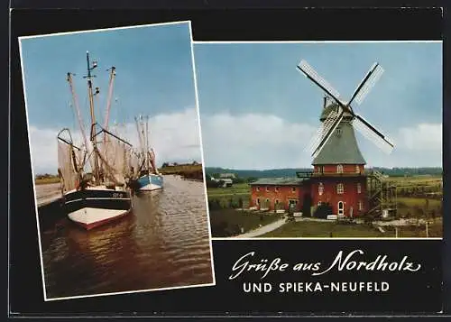 AK Nordholz, Fischerboote u. Windmühle in Nordholz u. Spieka-Neufeld
