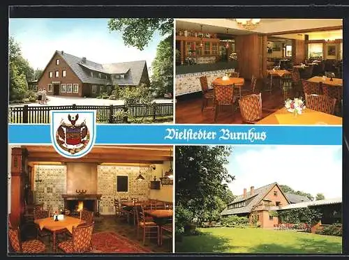 AK Vielstedt, Gasthaus Restaurant Strackerjans Vielstedter Burnhus, Aussenansichten u. Speisesaal