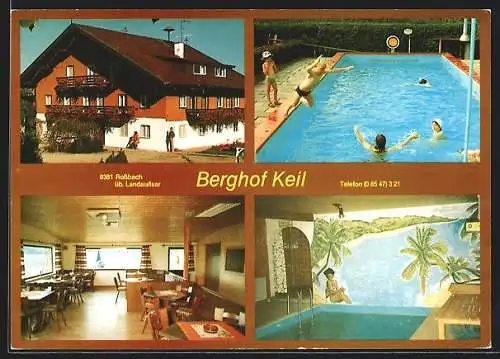 AK Rossbach / Niederbayern, Gasthaus Berghof Keil, Ansichten v. Speisesaal u. Pool