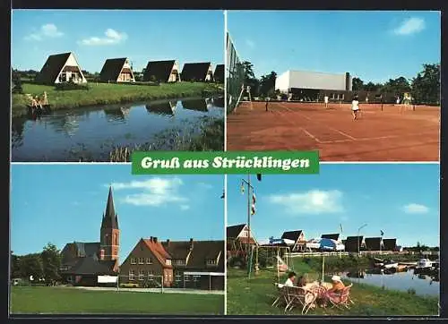 AK Strücklingen, Ortsansichten m. Kirche u. Tennisplatz