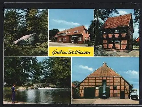 AK Wolthausen, Ortsansichten m. Gedenkstein, Angler u. Fachwerkhäusern