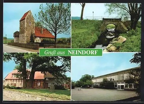 AK Neindorf /Wolfsburg, Ortsansichten mit Kirche u. Brücke