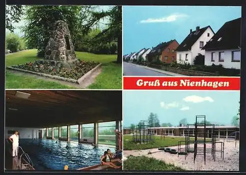 AK Nienhagen / Celle, Denkmal, Strassenpartie, Hallenbad, Spielplatz