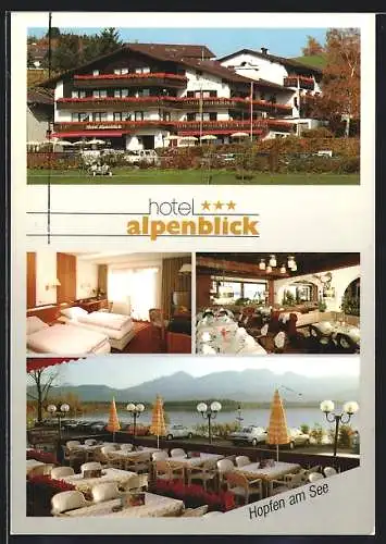 AK Füssen-Hopfen am See, Hotel Alpenblick mit Innen- und Aussenansicht