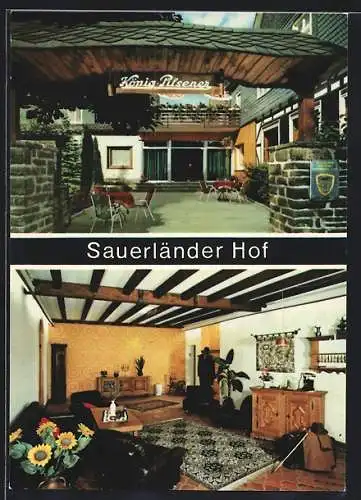 AK Wenholthausen /Sauerland, Gasthof Sauerländer Hof, Terrasse und Innenansicht