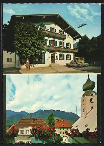 AK Grassau /Chiemgau, Gasthof Hochplatte-Sperrer, Ortspartie mit Bergblick