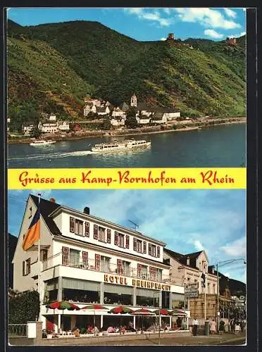 AK Kamp-Bornhofen am Rhein, Flusspanorama mit Dampfer, Hotel Rheinpracht