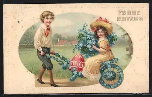 AK Kinderpaar mit Blumenwagen und Osterei