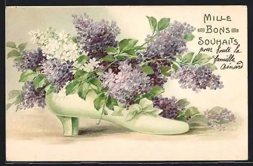 AK Blühender Flieder in einem Damenschuh