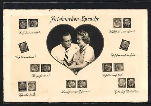AK Briefmarken-Sprache, Liebespaar und Marken und deren Bedeutung