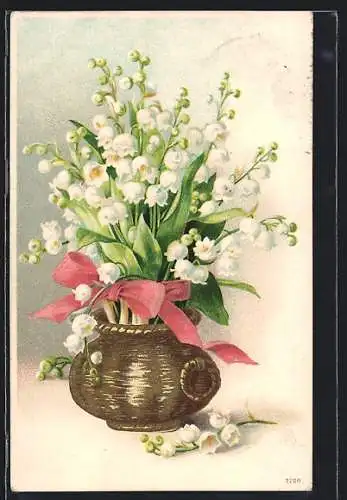 Präge-AK Vase mit Maiglöckchen und Schleife