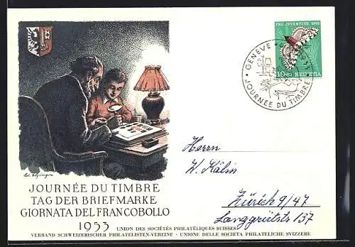 Künstler-AK Tag der Briefmarke 1953, Philatelisten mit Album