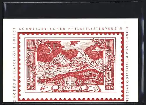 AK Brunnen, Philatelisten-Tagung 1957, 3-Franken-Marke