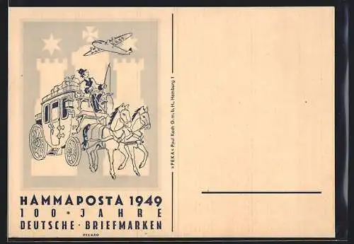 AK Hammaposta 1949, 100 Jahre Deutsche Briefmarken, Postkutsche, Flugzeug