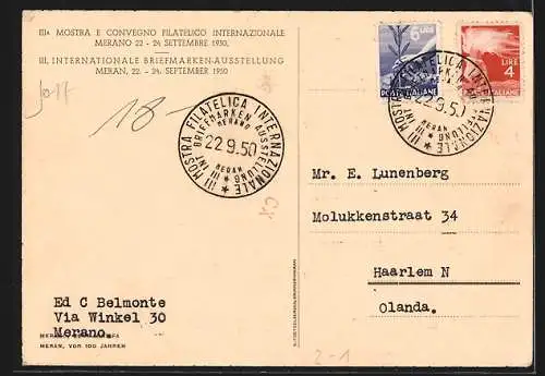 Künstler-AK Meran, III. Internationale Briefmarken-Ausstellung 1950