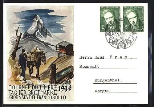 Künstler-AK Tag der Briefmarke 1946, Briefträger in den Bergen