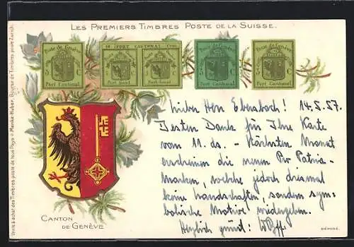 AK Les Premiers Timbres Poste de la Suisse, Wappen Canton de Genève