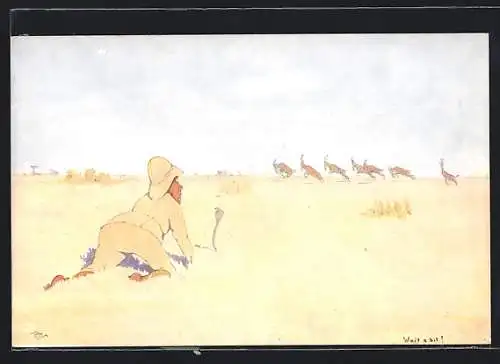 Künstler-AK Rudolf Pick: Jäger mit Schlange und Antilopen