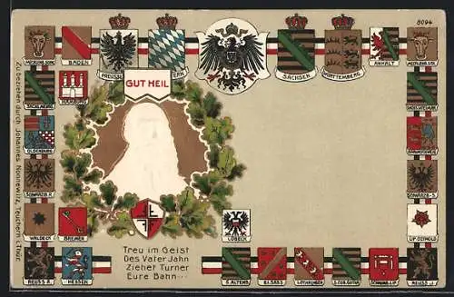 AK Treu im Geist des Turnvater Jahn, ziehet Turner Eure Bahn..., Gut Heil!, Turnvater Jahn im Eichenblattkranz, Wappen