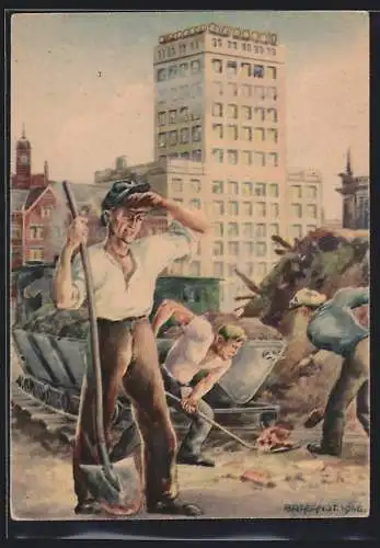 AK Leipzig, Erste Leipziger Friedensmesse 1947, Arbeiter schippen Schutt auf Eisenbahnwagon