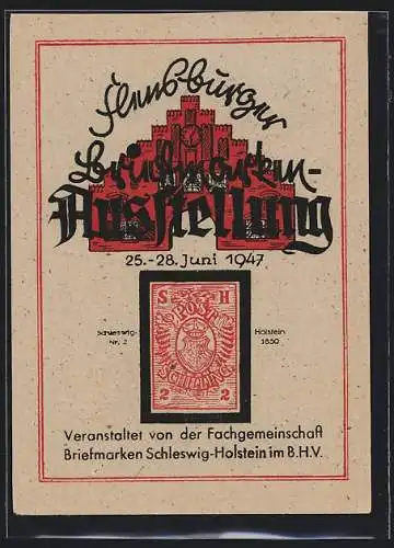 AK Flensburg, Briefmarken-Ausstellung im Juni 1947, Marke Schleswig-Holstein Nr. 2 von 1850