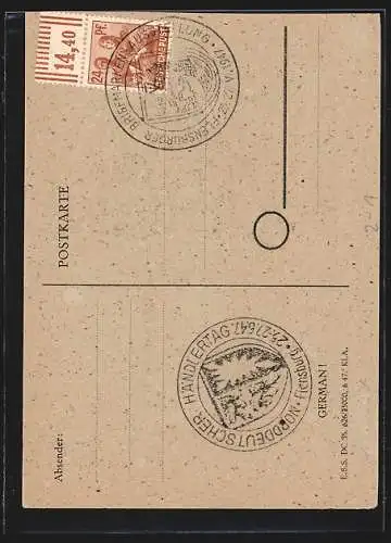 AK Flensburg, Briefmarken-Ausstellung im Juni 1947, Marke Schleswig-Holstein Nr. 2 von 1850