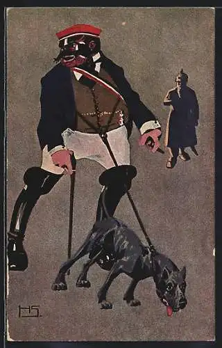 AK Karikatur eines Studenten mit Zigarre & Hund, deutscher Soldat