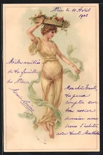 AK Junge Frau mit Blumenkorb