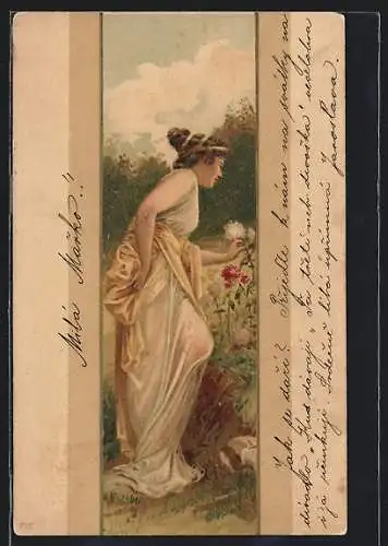 AK Frau beim Blumenpflücken im Jugendstil