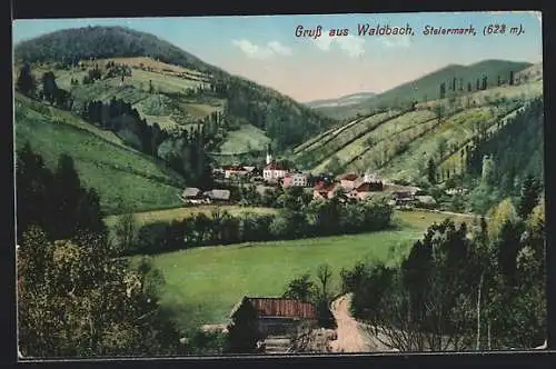 AK Waldbach, Totalansicht mit Gebirge