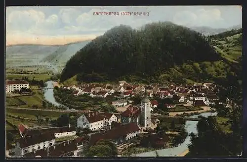 AK Kapfenberg, Ortsansicht mit Brücken und Berg aus der Vogelschau