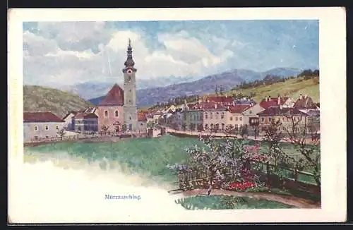 Künstler-AK Mürzzuschlag, Ortsansicht mit Blick auf die Kirche