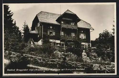 AK Alpl, Gasthaus Bruggraber Alpl / Waldheimat, Waldhaus mit Rosegger-Denkmal