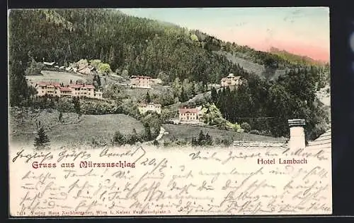 AK Mürzzuschlag, Hotel Lambach mit Umgebung, Ortspartie