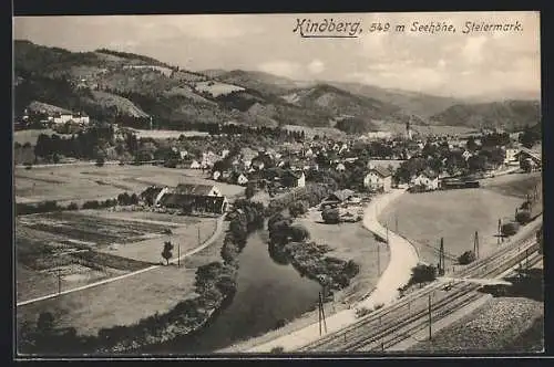 AK Kindberg, Gesamtansicht mit Bergpanorama und Landstrasse