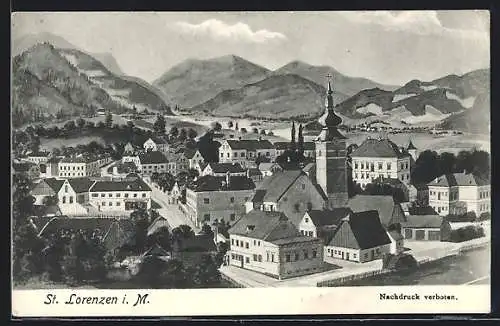 AK St. Lorenzen i. M., Ortsansicht mit Kirche und Bergpanorama