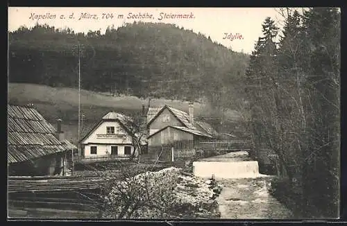 AK Kapellen /Mürz, Ortspartie mit Gasthaus J. Pav und Wehr