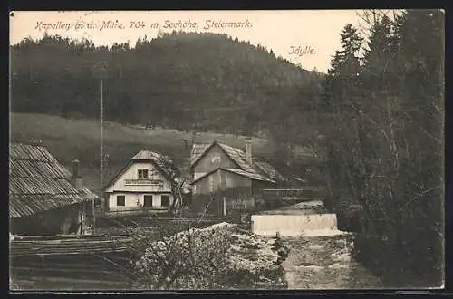 AK Kapellen /Mürz, Idylle, Ortspartie mit Gasthaus J. Pav und Wehr