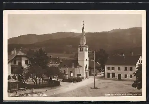 AK Mitterdorf /Mürztal, Platz mit Kirche und Umgebung