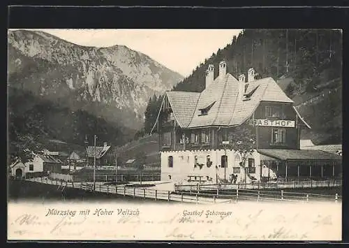 AK Mürzsteg, Blick auf den Hohen Veitsch und den Gasthof Schönauer