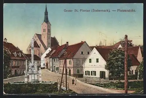 AK Gross-St. Florian, Platzansicht mit Säulendenkmal und Kirche