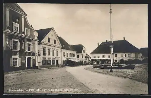 AK Pöllau, Strassenpartie mit Rathaus und Gasthof-Fleischhauerei