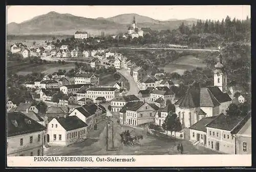 AK Pinggau-Friedberg, Gesamtansicht mit Bergpanorama aus der Vogelschau