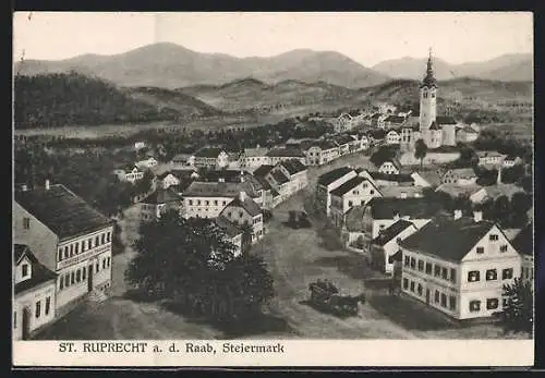 AK St. Ruprecht a. d. Raab, Ortsansicht mit Kirche und Bergpanorama