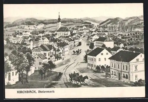 AK Kirchbach in Steiermark, Ortsansicht mit Strasse und Bergpanorama aus der Vogelschau
