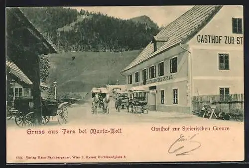 AK Terz bei Maria-Zell, Gasthof zur Steierischen Grenze mit Strasse, Kutschen