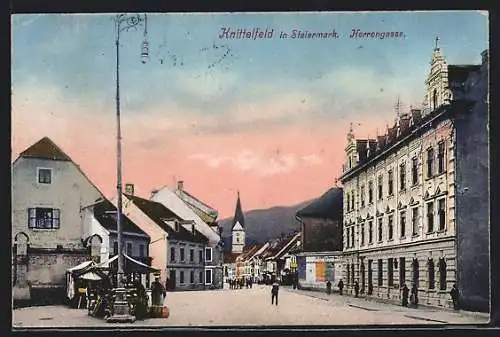 AK Knittelfeld, Herrengasse mit Verkaufsständen und Kirchturm