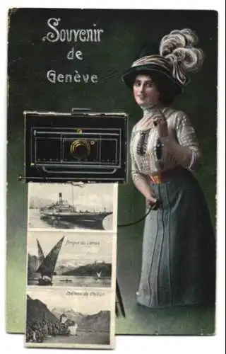 Leporello-AK Genève, Frau mit Fotoapparat, Pont des Bergues, Le Théâter, Hotel des Postes, St. Pierre